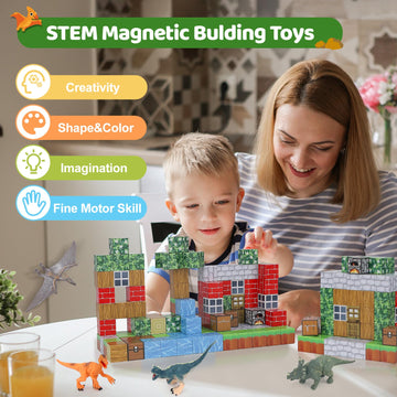 Magnetic Blocks 110Pcs With 6 Dinosaur Toys, Mine Magnet World Building Blocks Set, Toys For Boys & Girls Age 4-6,6-8, Stem Mont