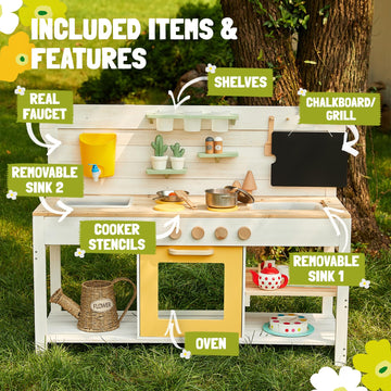 Giant Bean Mud Kitchen For Kids Outdoor, Deluxe Wooden Toy Play Kitchen Set, With Sand And Water Sink, Blackboard And Kitchen Ac