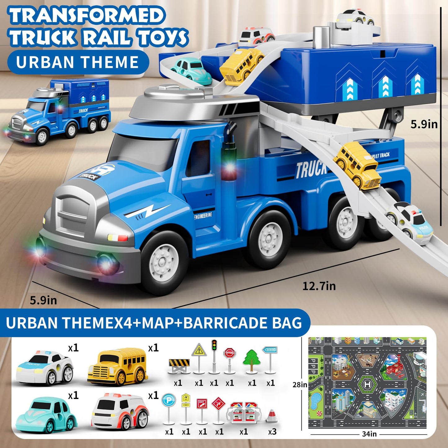 Dwi Dowellin Truck Toys for Boys 3 4 5 6 Years Old, Vehicle Toys for Kids with 4 City Cars and Playmat, Race Track with Light an