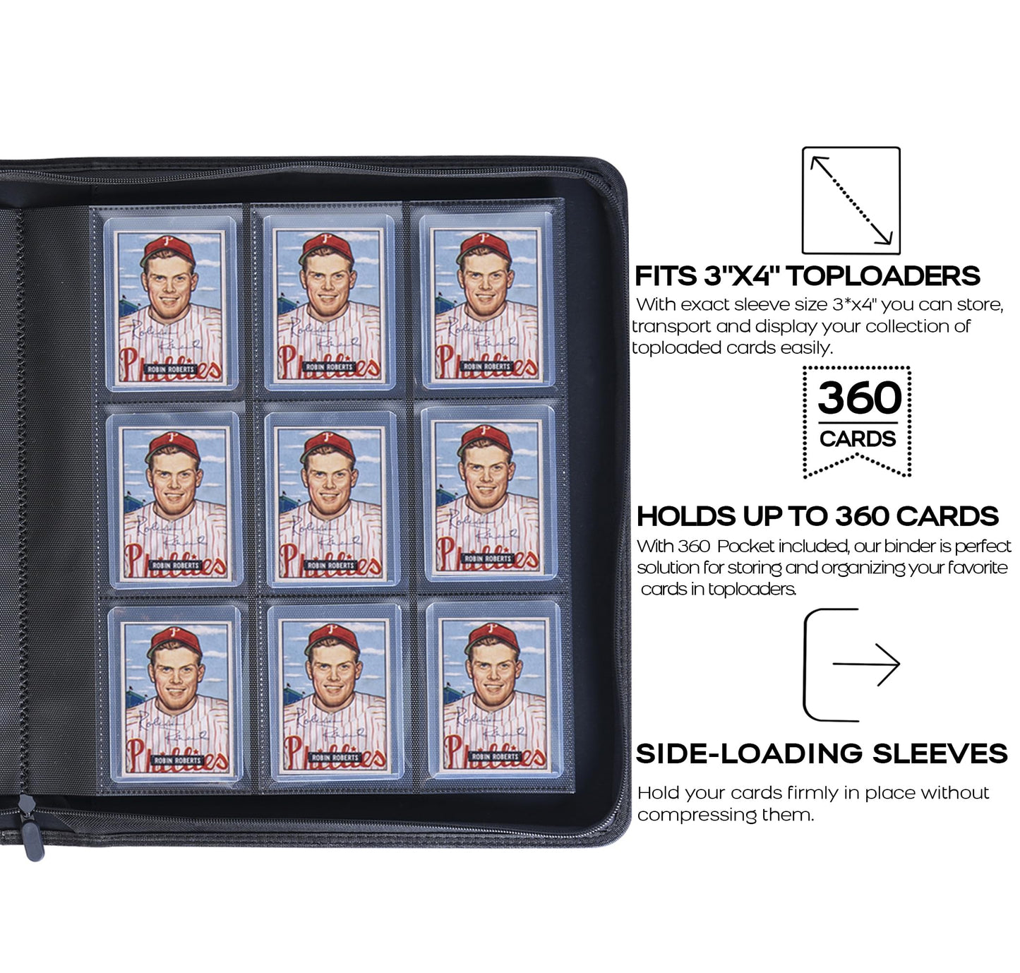 Toploader Binder  Holds 360 Top Loaders - 9-Pocket Top Loader Binder for 3 x 4 Rigid Card Holders for Trading Cards or Sports Cards  Model B - Classic Black