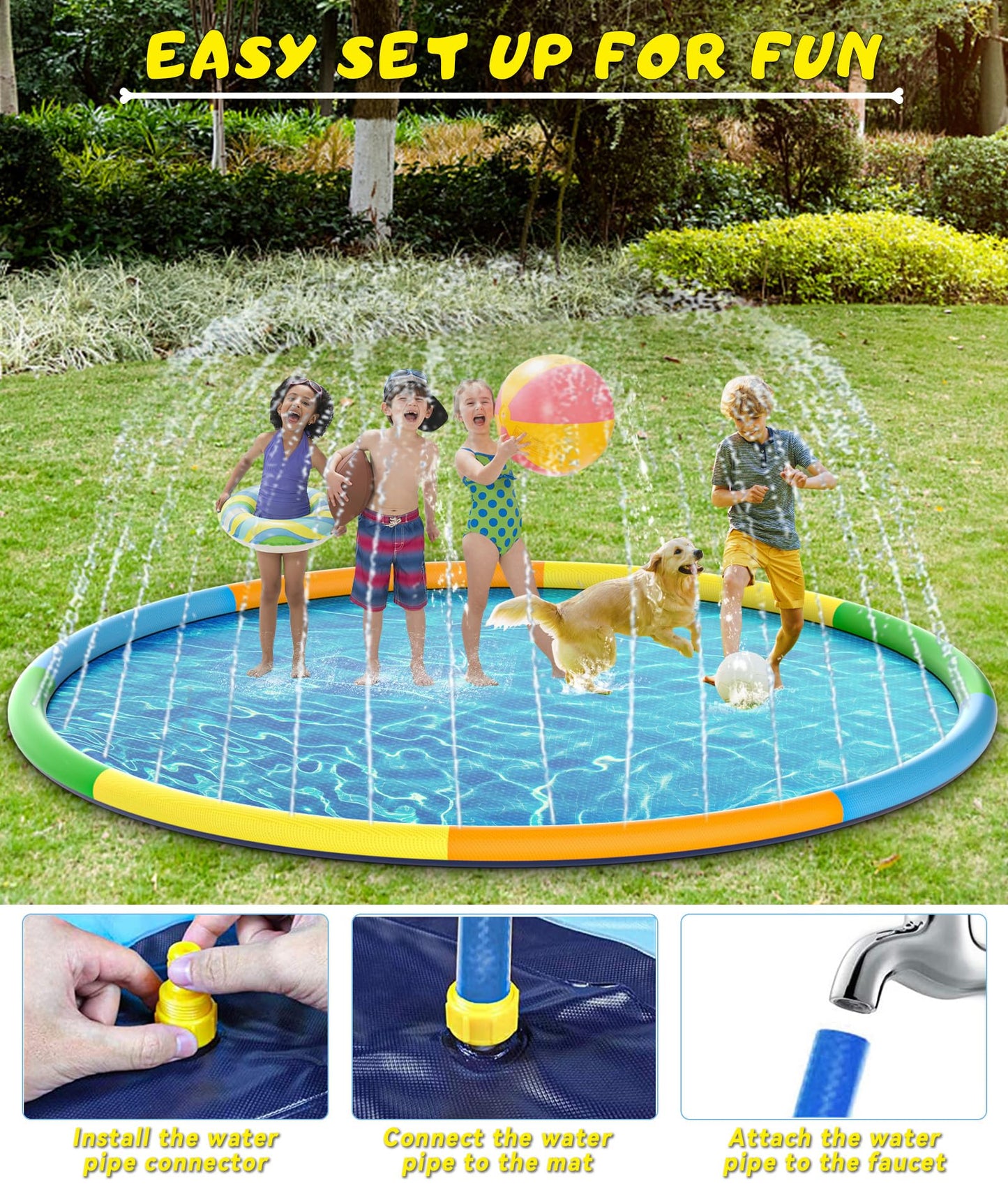 EPN Splash Pad, 13FT Size Extra Large Sprinkler Play Mat for Dogs & Kids, Thicker Pool Summer Outdoor Water Toys Fountain Pad fo