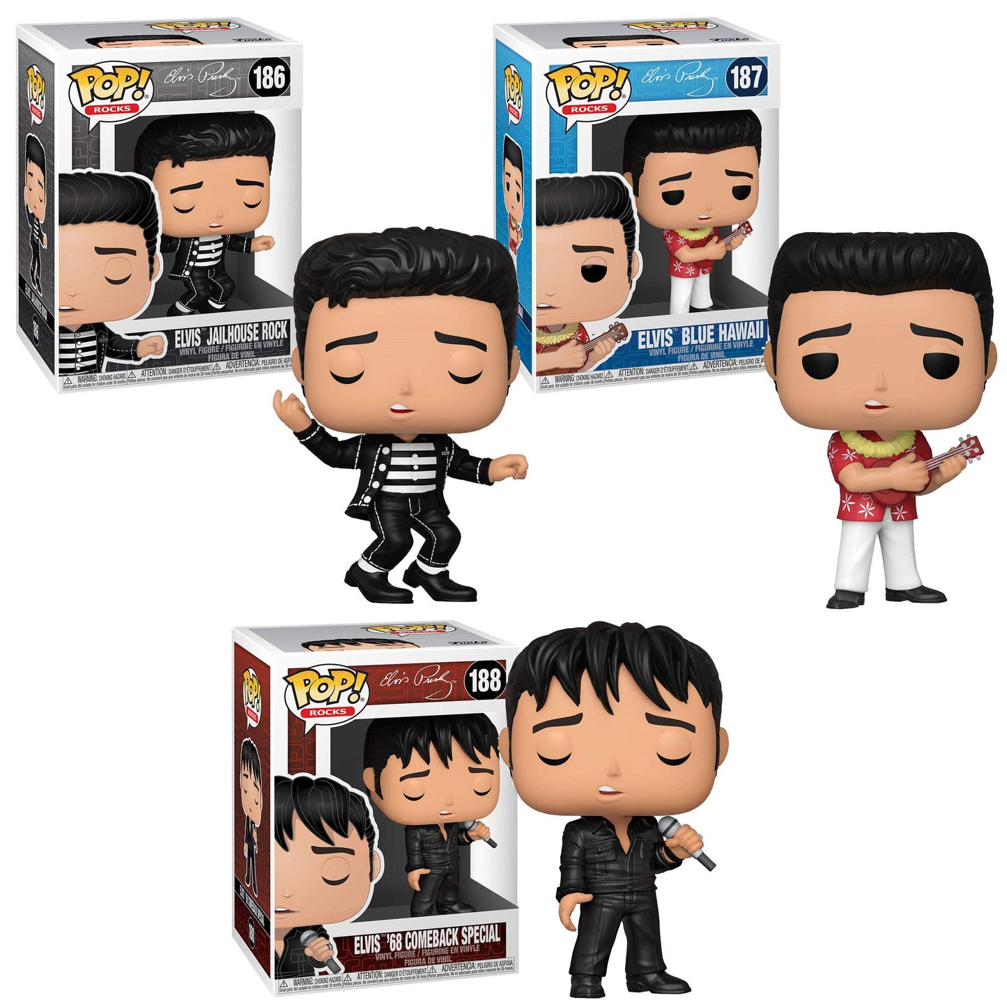 Funko POP! Elvis Collectors Set - Jailhouse Rock, Blue Hawaii, 68' Comeback Special, 3.75" Vinyl Figures, Model 527