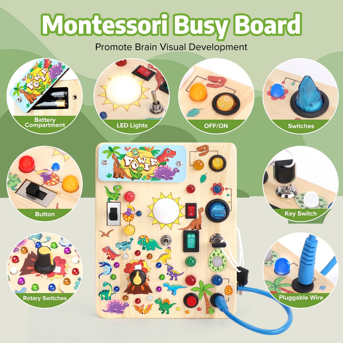Grarain Busy Board - Montessori Toy for Toddlers 1-3 Years, Travel-Friendly, Wood, Dinosaur Busy Board V2