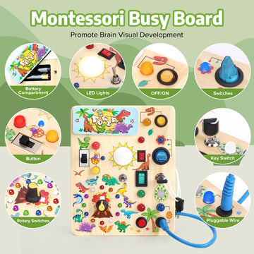 Grarain Busy Board - Montessori Toy for Toddlers 1-3 Years, Travel-Friendly, Wood, Dinosaur Busy Board V2