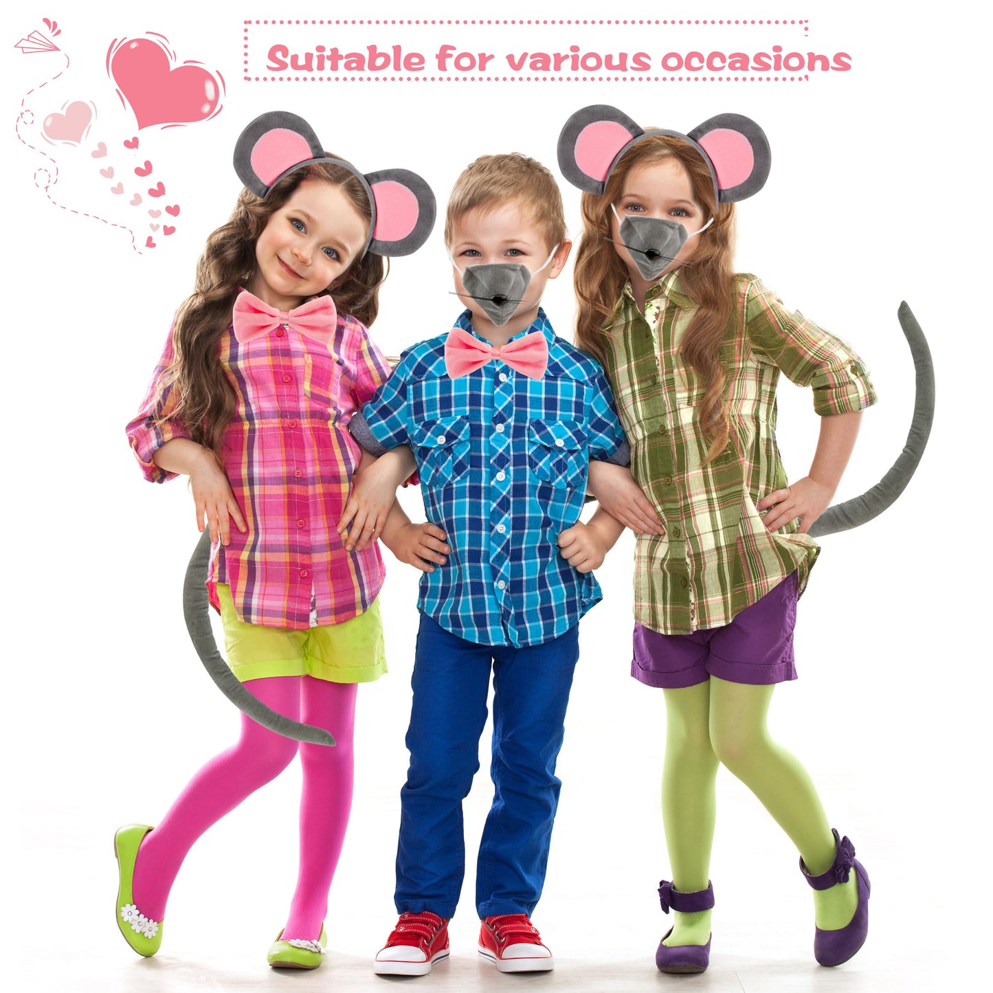 Sgbetter 8 Pcs Mouse Costume Mouse Ears Headband Nose Tail Gloves Bow Tie Grey Mouse Animal Accessories For Girls Women Hallowee
