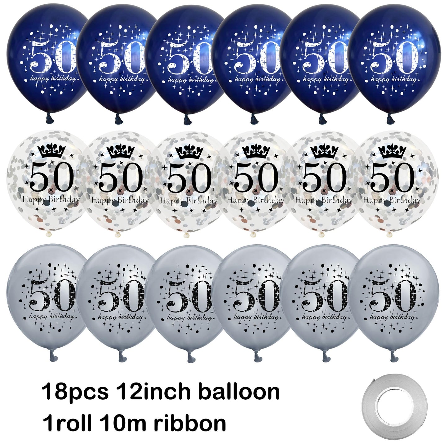 UniBirthLon 18Pcs 50th Birthday Balloons - Navy Blue & Silver Latex Decorations for Men & Women, Happy Birthday Confetti