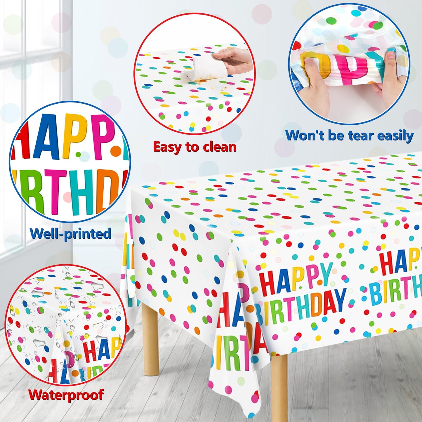 Miucat 3Pcs Birthday Tablecloth, Happy Birthday Decorations Set, Colorful Rainbow Dots Design With Happy Birthday Tablecloth. Wa