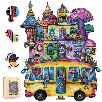 Ruikiyart Puzzles for Adults 500 Pieces, Mushroom Bus Wooden Puzzles, Unique Shape Challenging Christmas Puzzle for Kids Thanksg