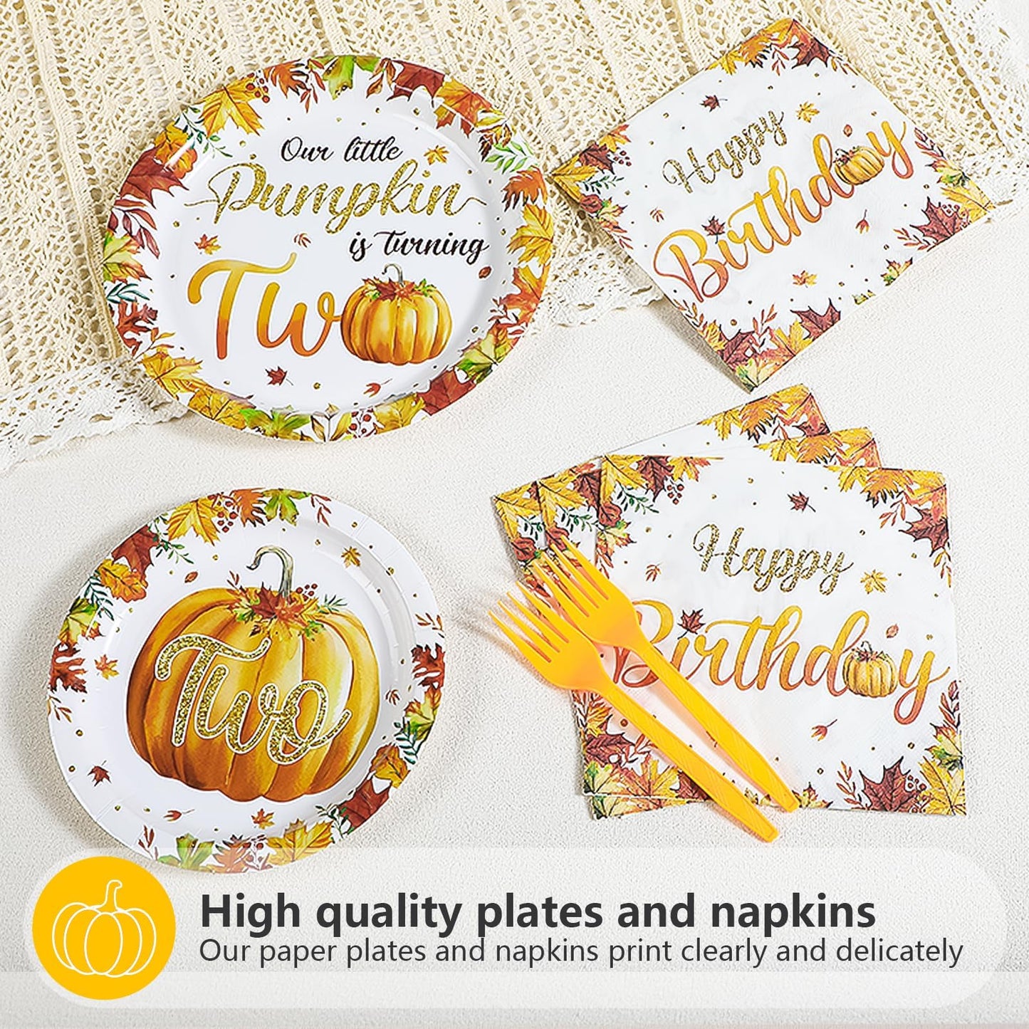 Grencian Fall Little Pumpkin 2nd Birthday Party Decoration - 96Pcs Little Pumpkin is Turning Two Plates Napkins Thanksgiving Bab