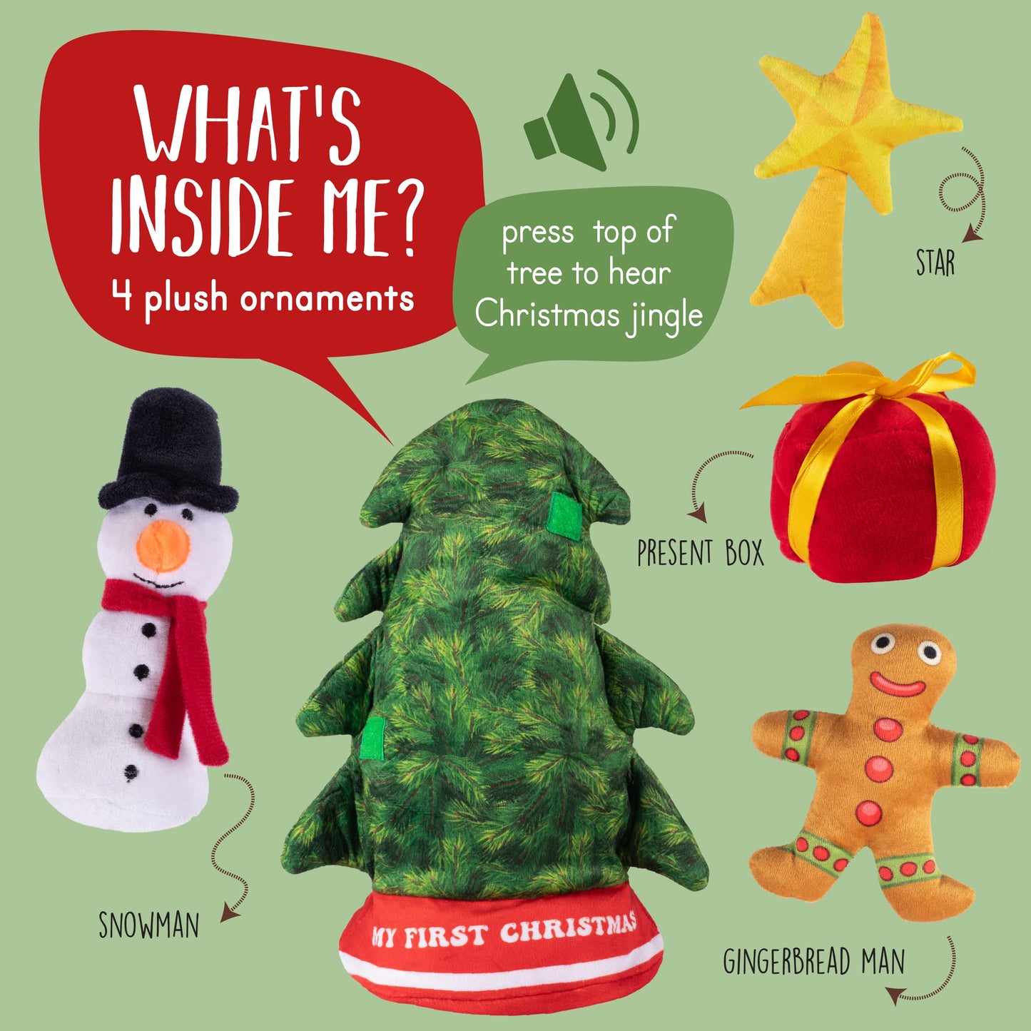 Singing Christmas Tree Plush Set | Includes 4 Soft Plush Ornaments With Plush Christmas Tree Shaped Carrier | Toy Christmas Tree