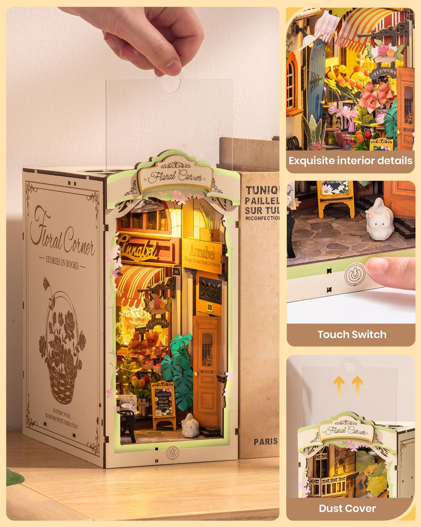 Rowood Book Nook,Booknook Diy Kit With Dust Cover,3D Wooden Puzzle Decorative Bookend Miniature Dollhouse Kit Bookshelf Insert A