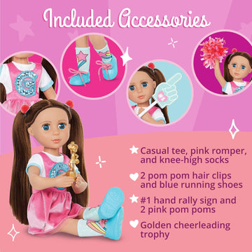 Glitter Girls – Alfie 14-Inch Poseable Cheerleader Doll – Brown Hair & Blue Eyes ¬– Pom Poms, Pink Romper Dress, Hair Clips, Megaphone – Toys & Cheer Accessories For Kids Ages 3+