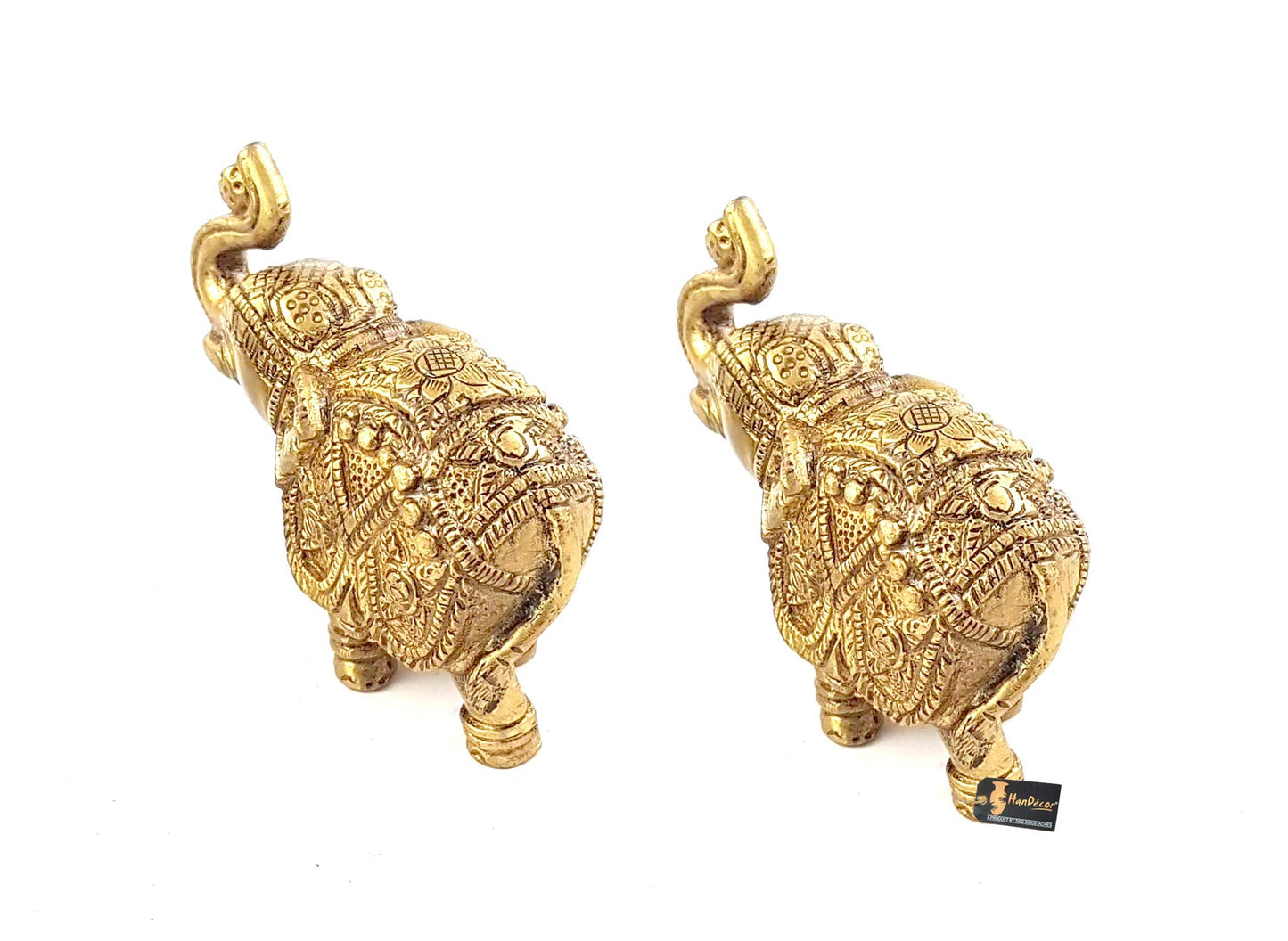 Two Moustaches Handmade Ethnic Indian Brass Elephant Pair Decor Showpiece, Standard, Golden, 2 Units