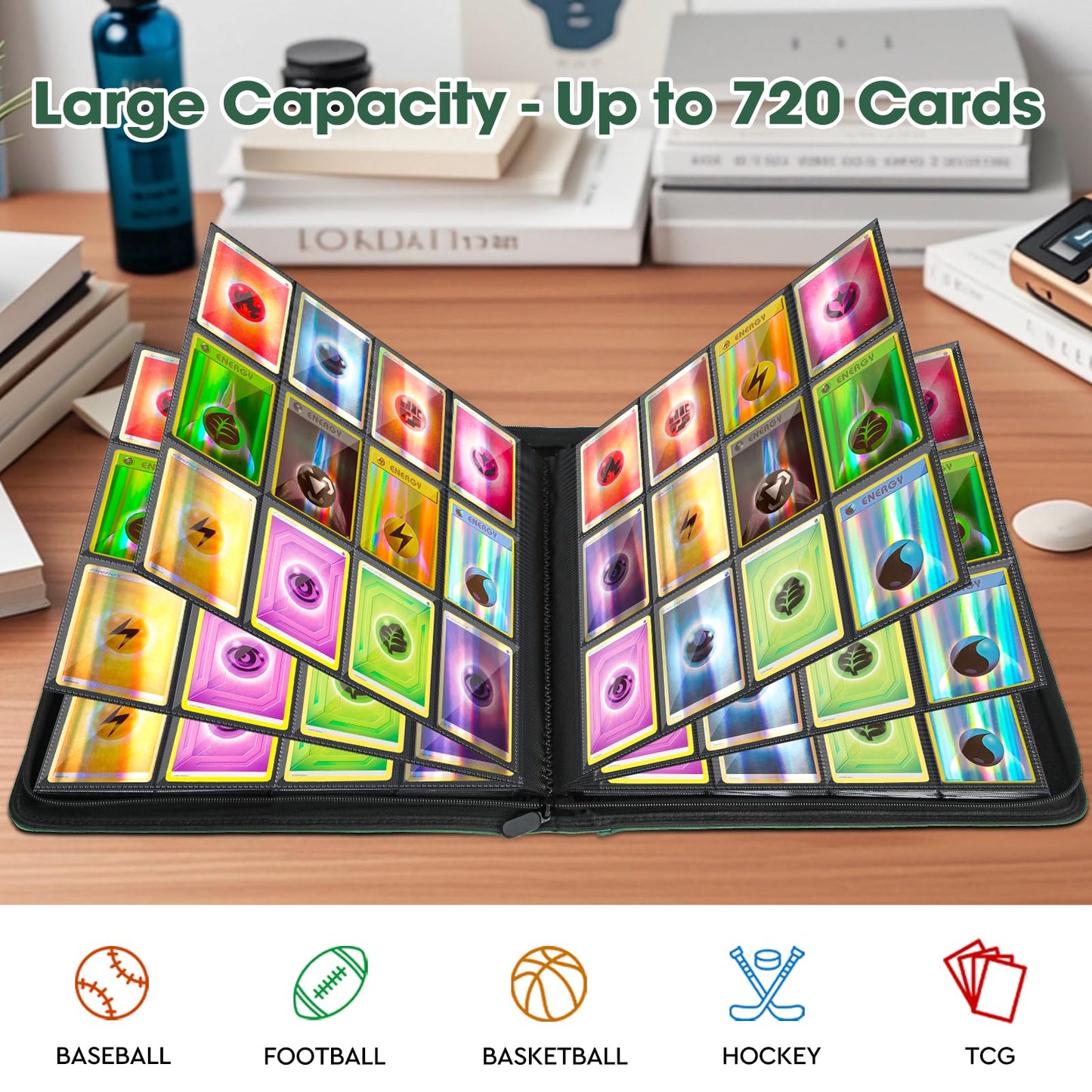 Old Canal Trading Card Binder  12 Pocket Card Album Folder Hold Up to 720 Cards  enhanced and Durable Zipper Binder  Cards Holder Album for MTG  TCG  Baseball Cards  Football Cards (Dark Green)