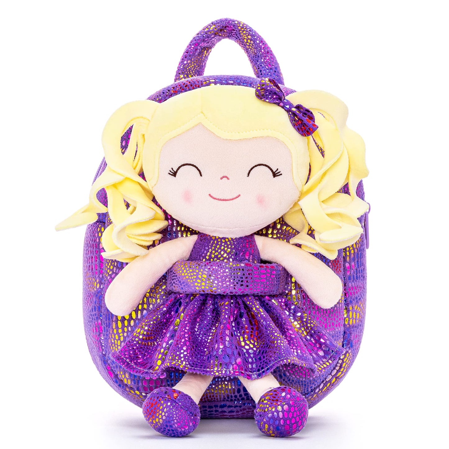 Gloveleya Kids Backpack Toddler Backpack Baby Girl Gift Plush Bag Diaper Bag Glitter Purple Dress Curly Hair Doll Backpack 9'