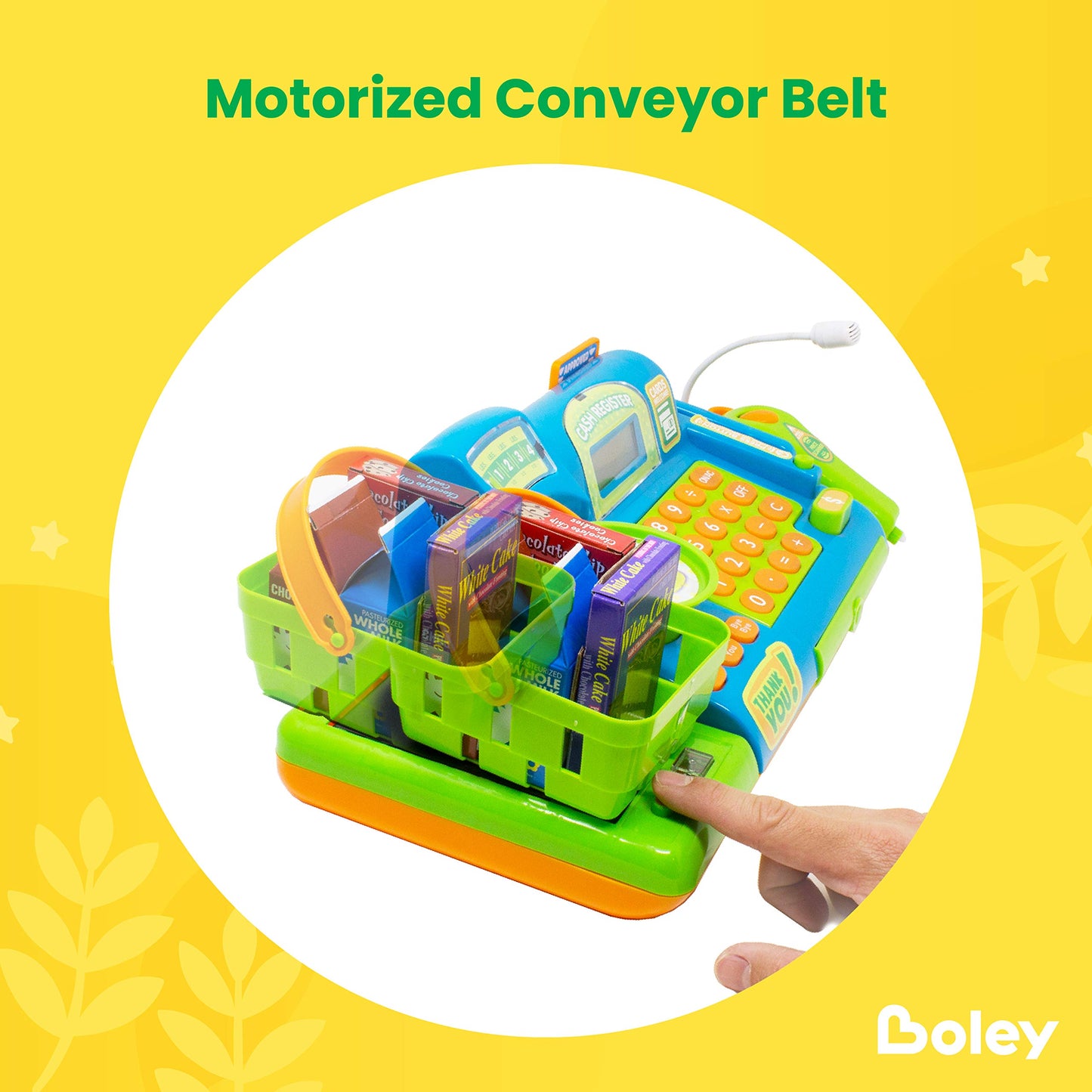 Boley Pretend Play Cash Register Toy For Kids - 19 Piece Interactive Set With Scanner, Microphone, Conveyor Belt, Calculator & M
