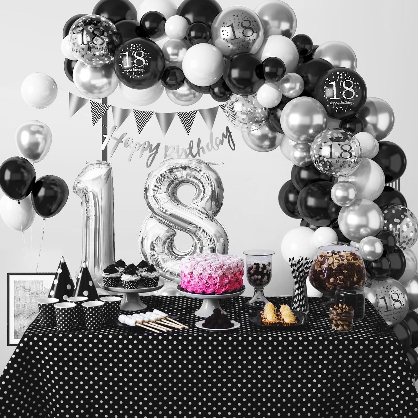 18Th Birthday Decorations Black Silver,18Th Birthday Balloon Garland Party Decorations With Number 18 Foil Balloons,Happy Birthd