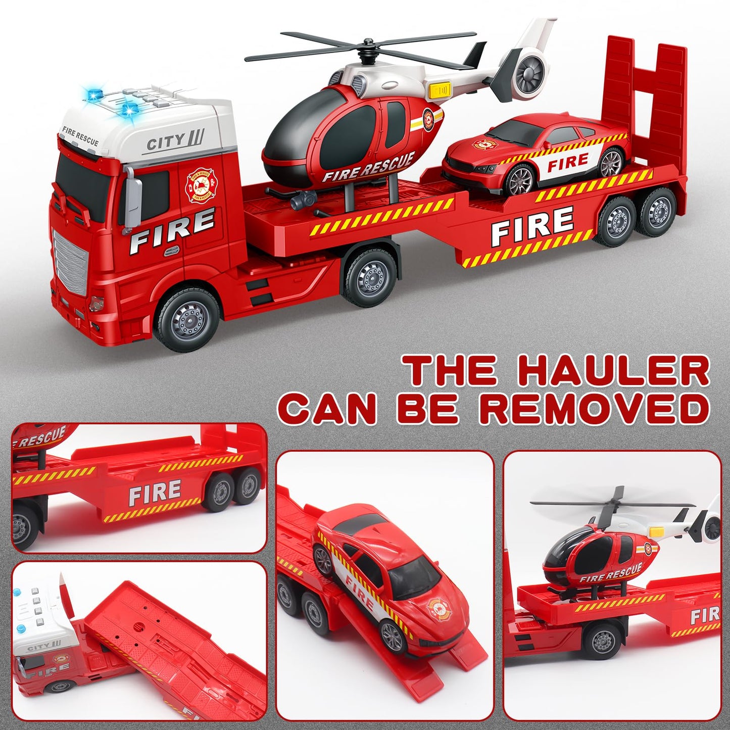 Yiwsnust Large Flatbed Semi Truck Toy For Kids, 25.6 Big Fire Truck Toy With Flatbed Trailer, Helicopter And Fire Police Car, Fr