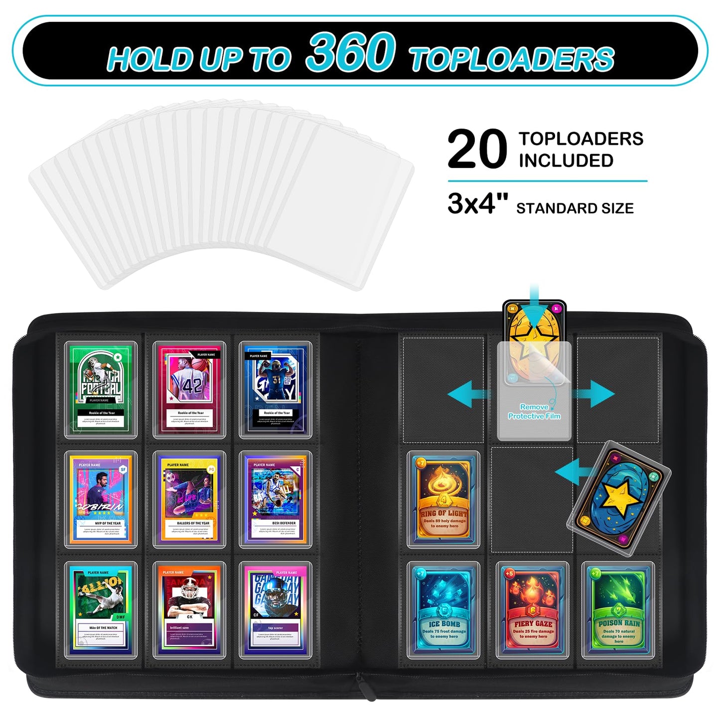 WITHYU Top Loader Binder 9 Pocket for 3x4 Rigid Cards  360 Pockets Collectible Card Album with 20 Toploaders  Trading Card Binder for TCG  MTG  Sports Cards (Aqua Blue)