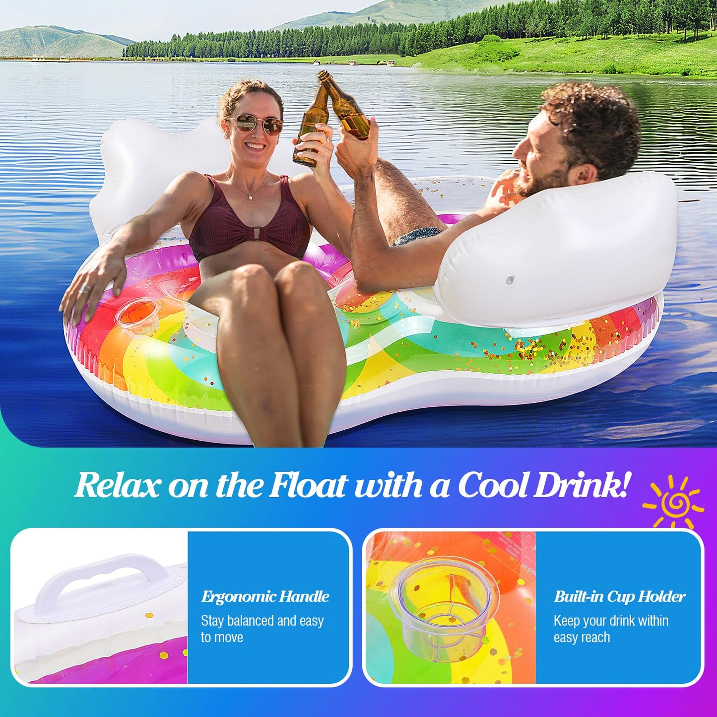 MoKo Pool Floats mature-themed  2 Seat Inflatable Chairs  Rainbow Pool Floaties with Clouds Backrests  Inflatable Pool Toys with Cup Holders and Handles Beach Party Water Park  Rainbow & White Clouds