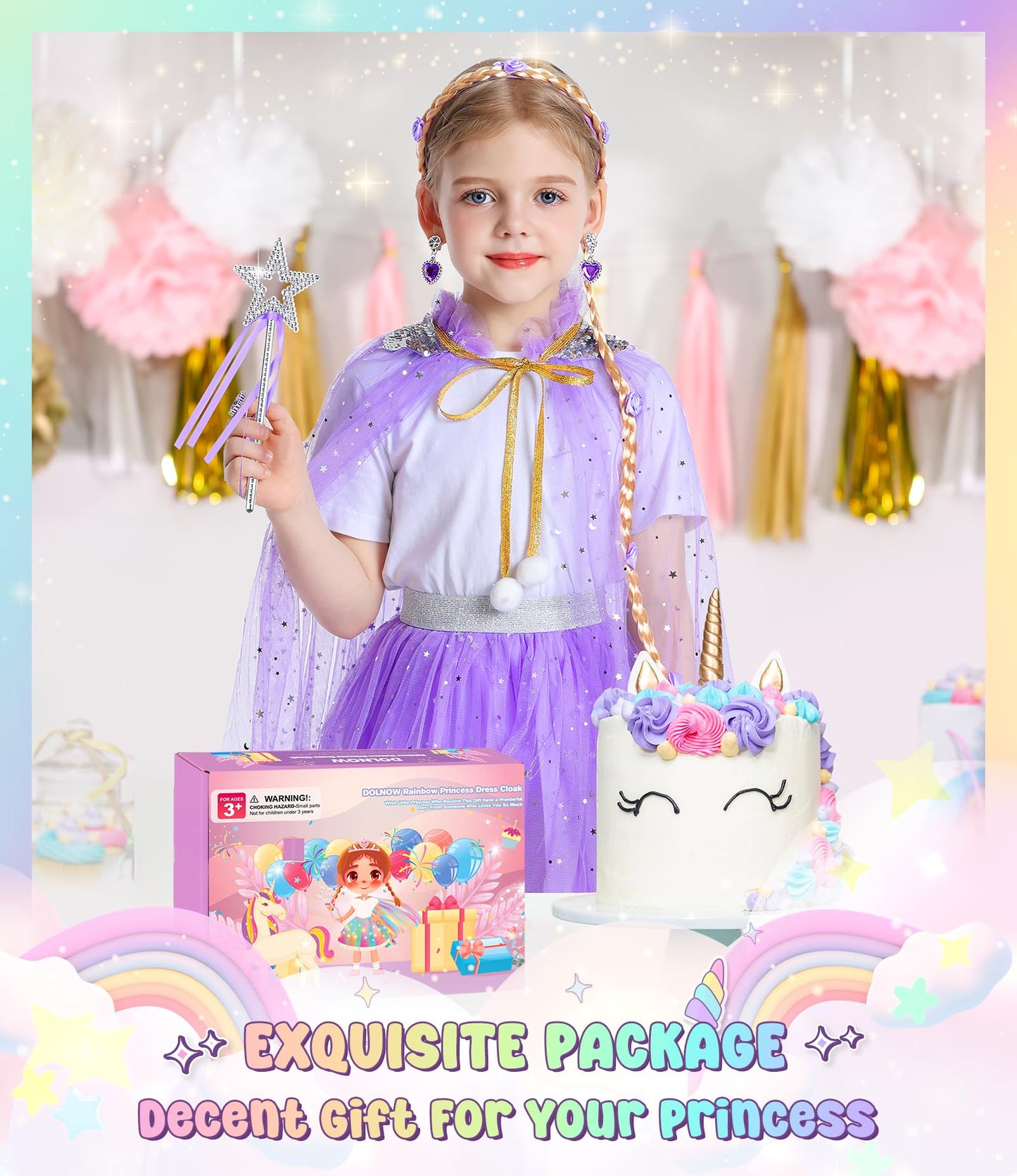 Dolnow Light Up Princess Dress Up Clothes For Little Girl, Princess Dresses Princess Cape Crown Toys For 3 4 5 6 Girls