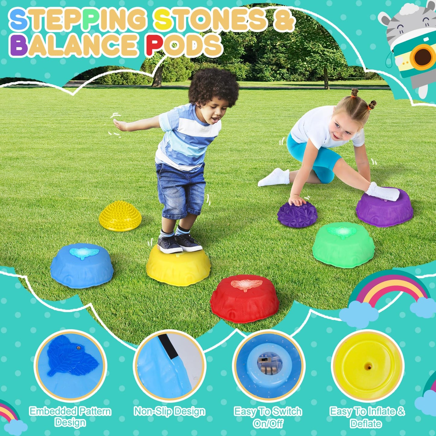 Ivenrxiu Stepping Stones For Kids, Balance Stepping Stone Kit With Light Up Jumping Stones, Balance Pods, Non Slip Mat, Obstacle