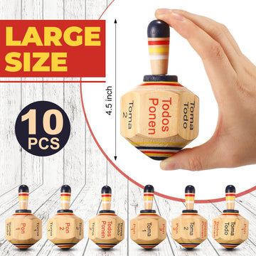 Poen 10 Pieces Large Wooden Toma Todo Bulk, 4.5 Inch Classic Mexican Wood Spinning Top Game For Kids And Adults, Pirinola Toma T