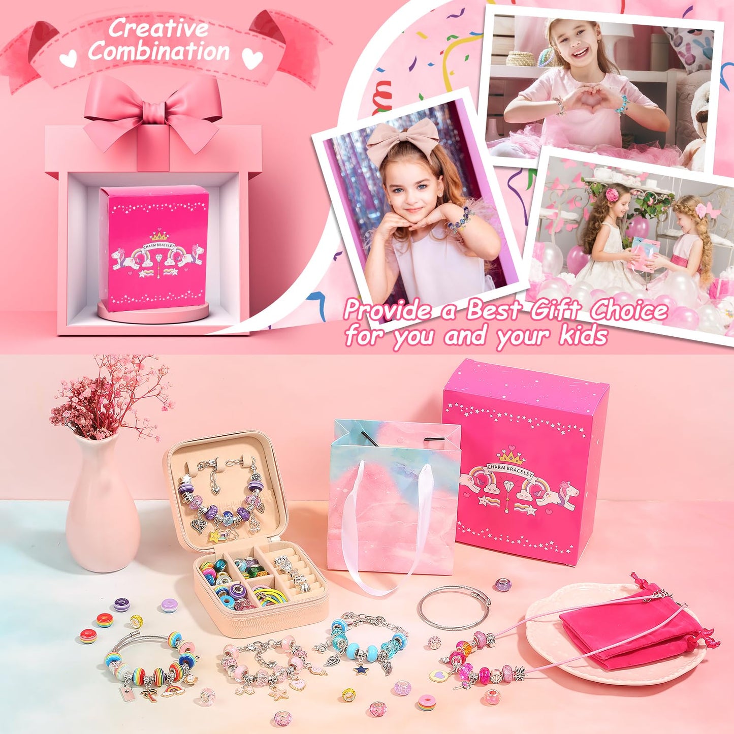 Charm Bracelet Making Kit for Girls, 140 PCS DIY Craft Bead Sets Jewelry Making Kit for Teen Girls Age 8-12, Portable Bracelet O