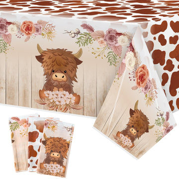 3Pcs Highland Cow Party Tablecloths, Brown Highland Cattle Birthday Table Cover, Brown Cow Print Themed Party Decorations Plasti