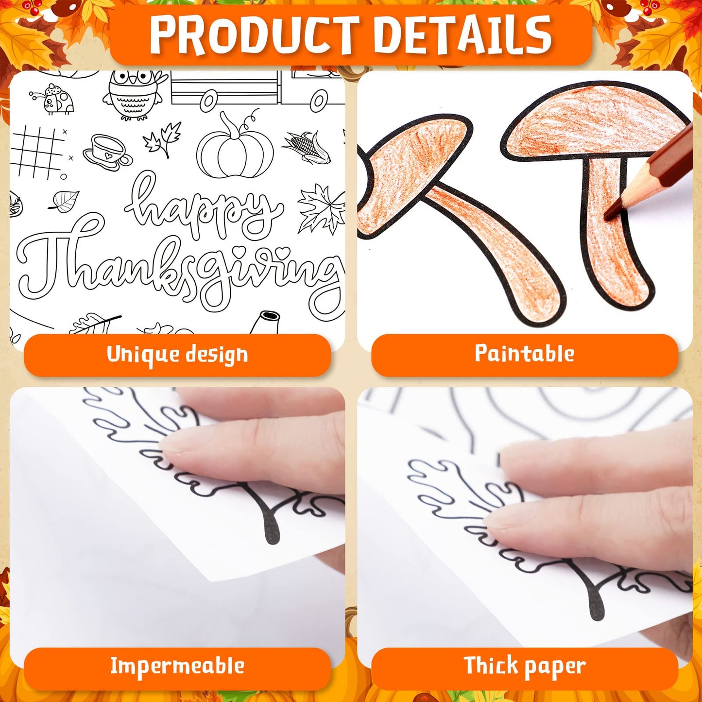 3 Pcs Fall Thanksgiving Coloring Tablecloth for Kids 48 x 36 Inch Large Happy Thanksgiving Color Tablecover Thanksgiving Activit
