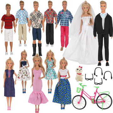 Ztweden 33Pcs Doll Clothes And Accessories For 12 Inch Boy And Girl Doll, Includes 20 Wear Clothes Shirt Jeans Suit And Wedding Dresses, Glasses Earphones Dog And Bike For 12'' Boy Girl Doll
