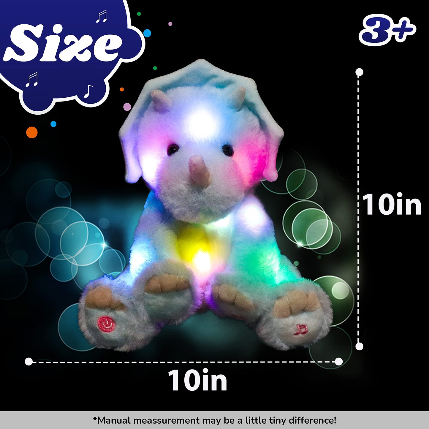 Cuteoy Blue Triceratops Led Musical Stuffed Animal Light-Up Singing Plush Dinosaur Adjustable Volume Lullaby Plushies Birthday Christmas Toy Gifts For Kids Toddler Girls, 13'