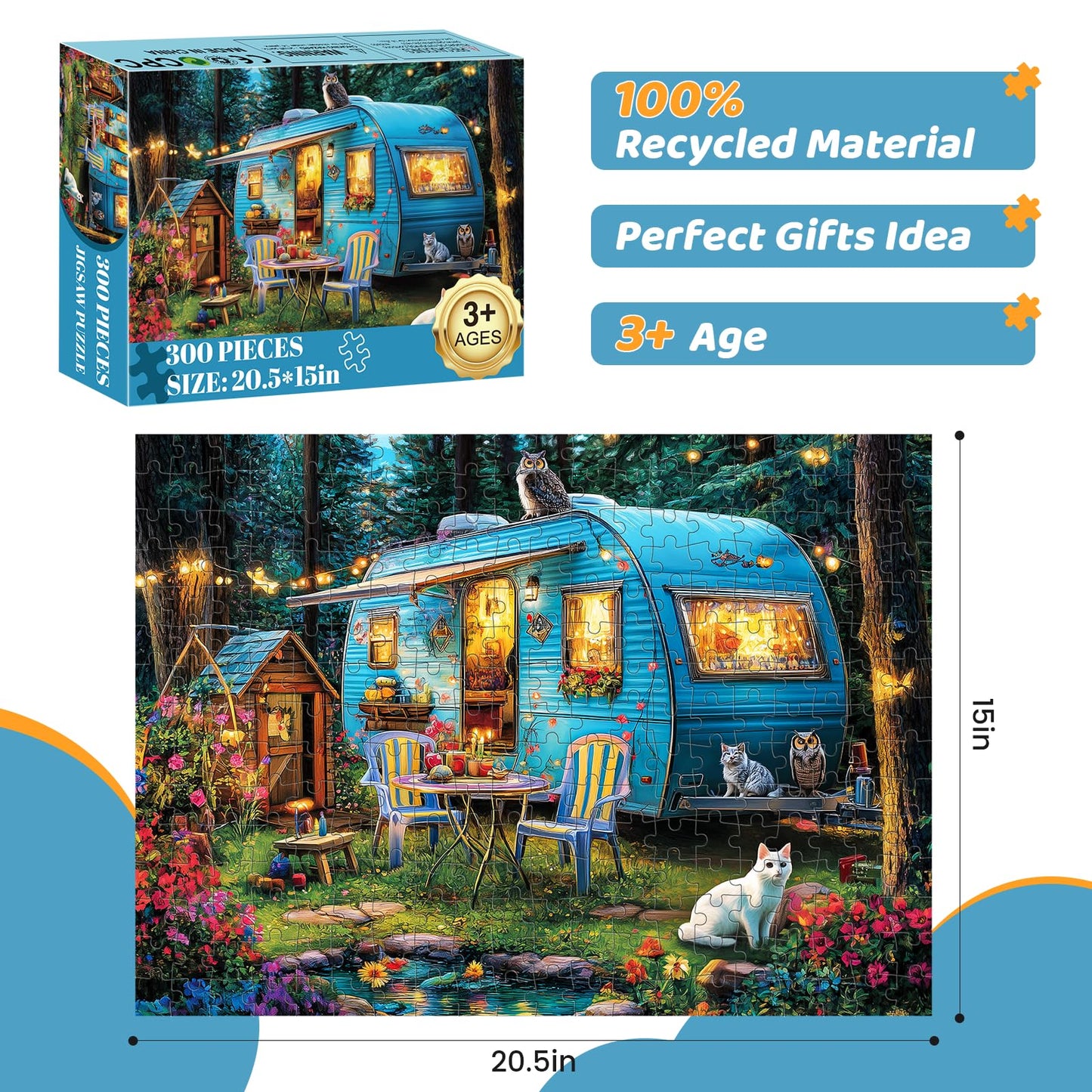 300 Pieces Puzzles for mature-themeds | Camper Cat Jigsaw Puzzles | Large 300 Piece Puzzle for Children mature-themeds Seniors | Sturdy Safe | Engaging & Educational Toys Great Gift for Boys Girls 20.5 x 15 in