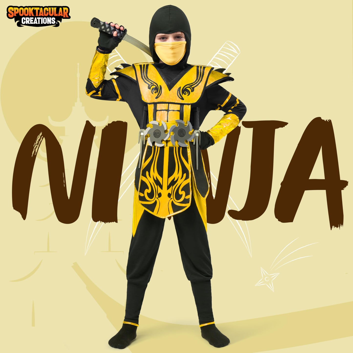 Spooktacular Creations Gold Ninja Costume for Boys  Child Golden Ninja costume Ninja Themed Parties  Halloween Costume Dress Up (Small (5-7yr))