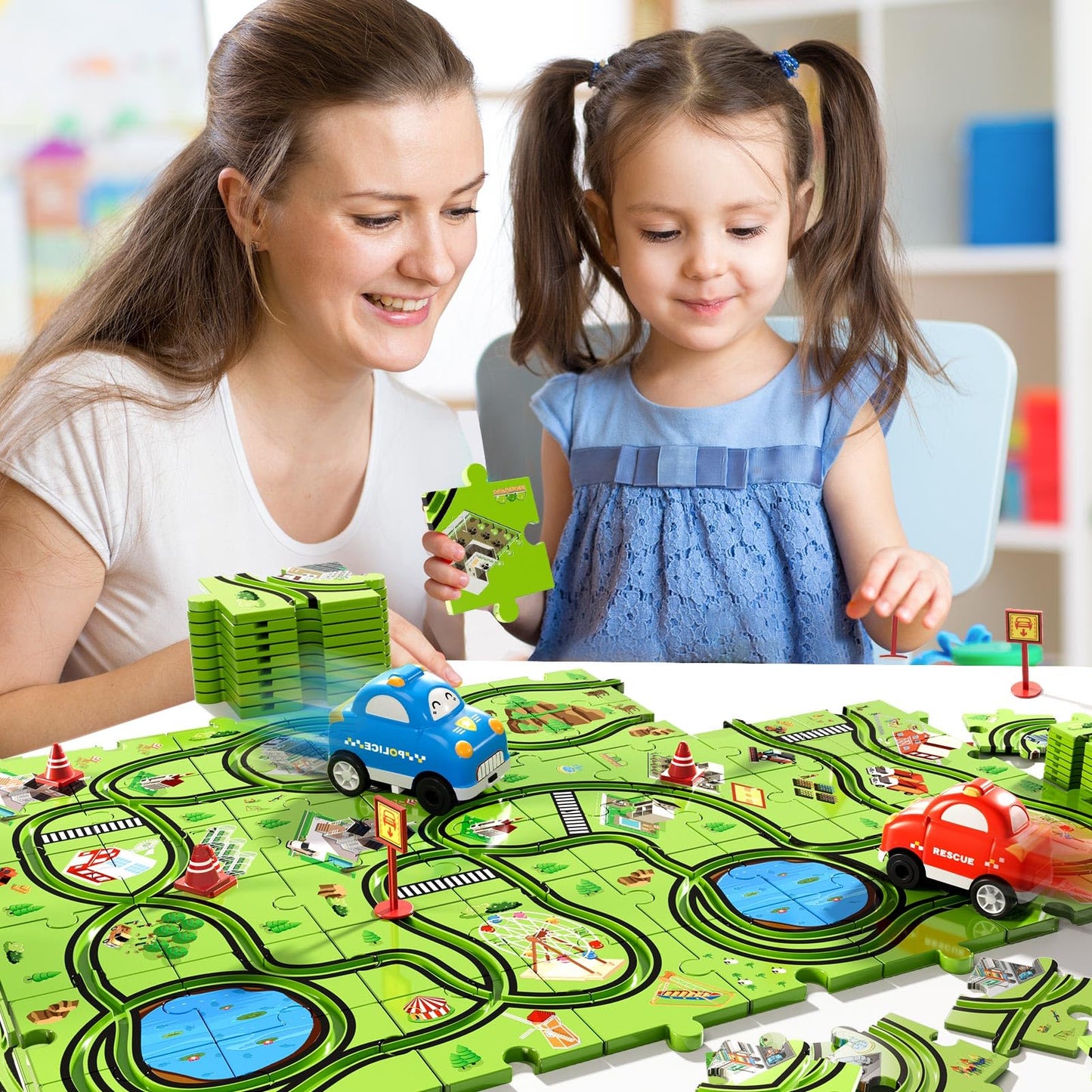 Beby Buty 48 PCS Puzzle Race Track Car Set for Toddlers - Green Plastic Track Toys for Ages 3-5, Gifts for Boys & Girls