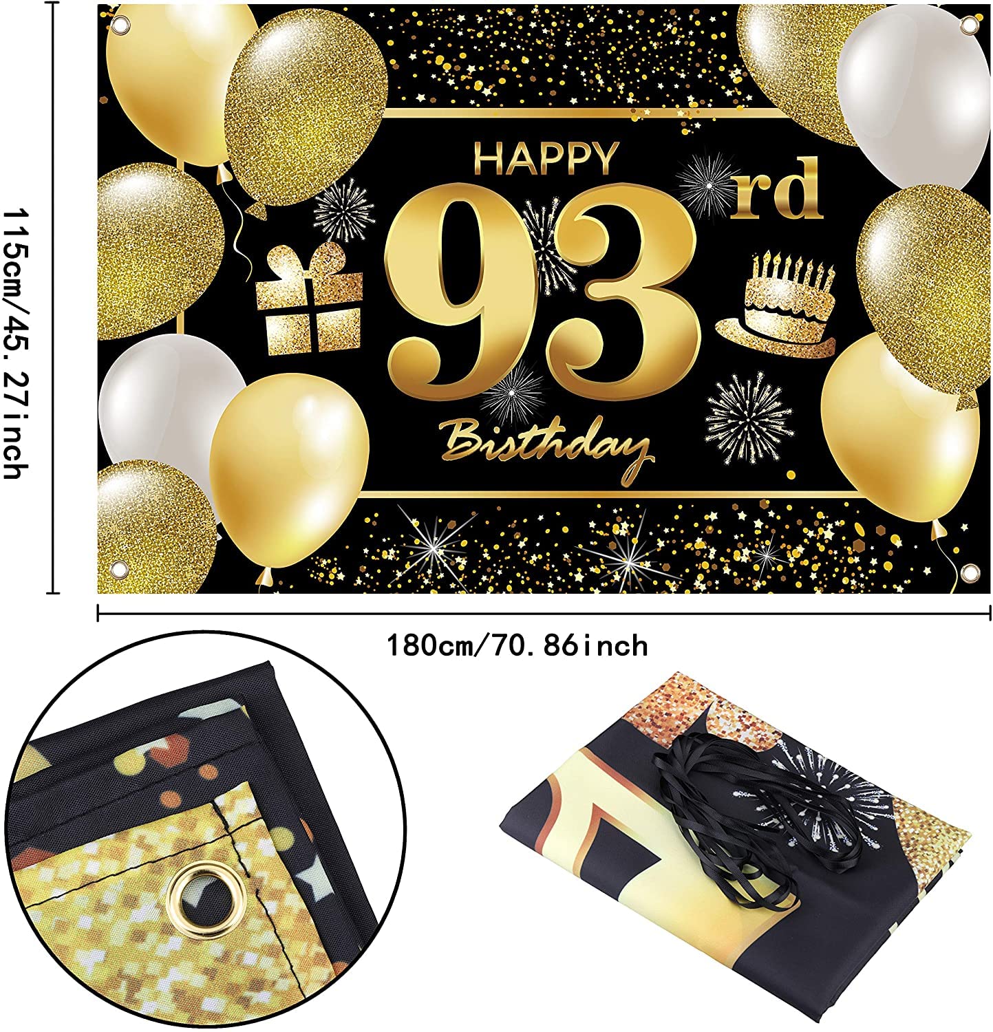 IMISI 93rd Happy Birthday Banner - Black Polyester Decorations for Men’s Party
