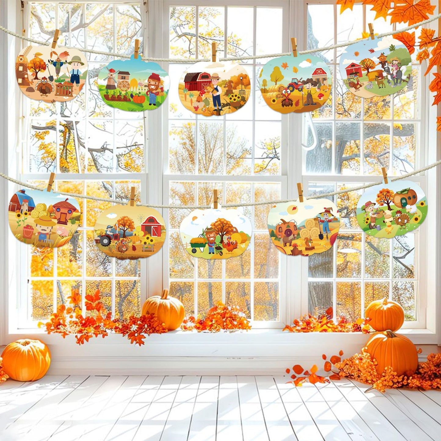 JUNEBRUSHS 30 Packs Fall Thanksgiving Crafts,Autumn Pumpkin Scene Crafts Fall DIY Ornaments Stickers Craft for Home School Class