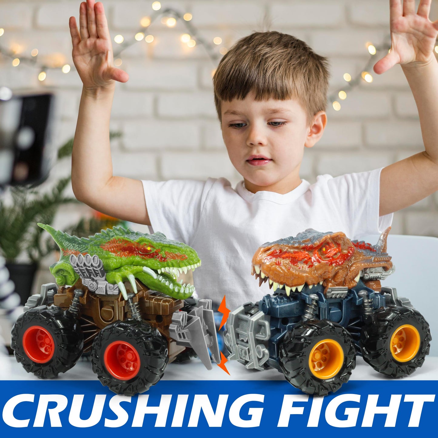 Oriate T-rex Dinosaur Toy Cars for Kids 3-8, Friction Powered Monster Truck with Mechanical Motor, Push n Go Car Stunt Play Part