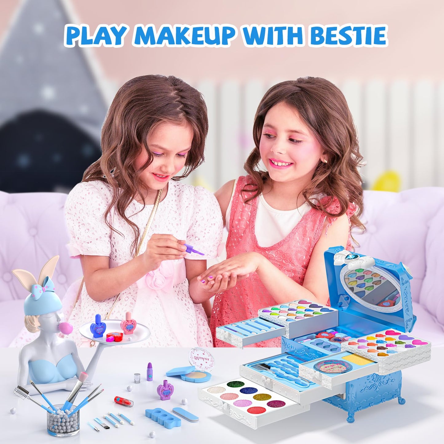Kids Makeup Sets for Girls, 66pcs Real Cosmetic for Kids Toys with Mirror, Princess Washable Girls Makeup Kit, Non-Toxic & Safe