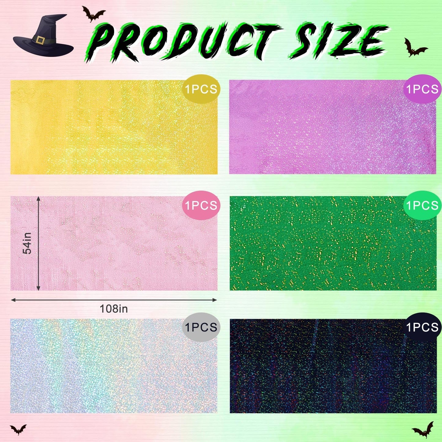 LOYIM 6 Pcs Witch Holographic Tablecloth for Party Pink Green Black Silver Gold 54 x 108 Witch Princess Theme Decorations Irides