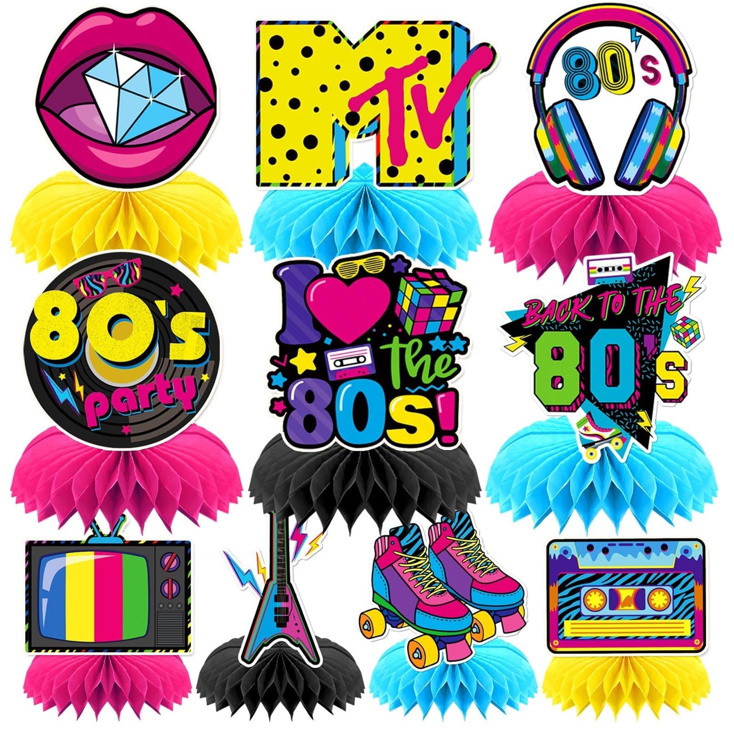 DTOFOOT 10 Pcs 80s Party Decorations, 1980s Table Honeycomb Centerpieces Back to the 80s Decor for Retro Party Photo Props Birth