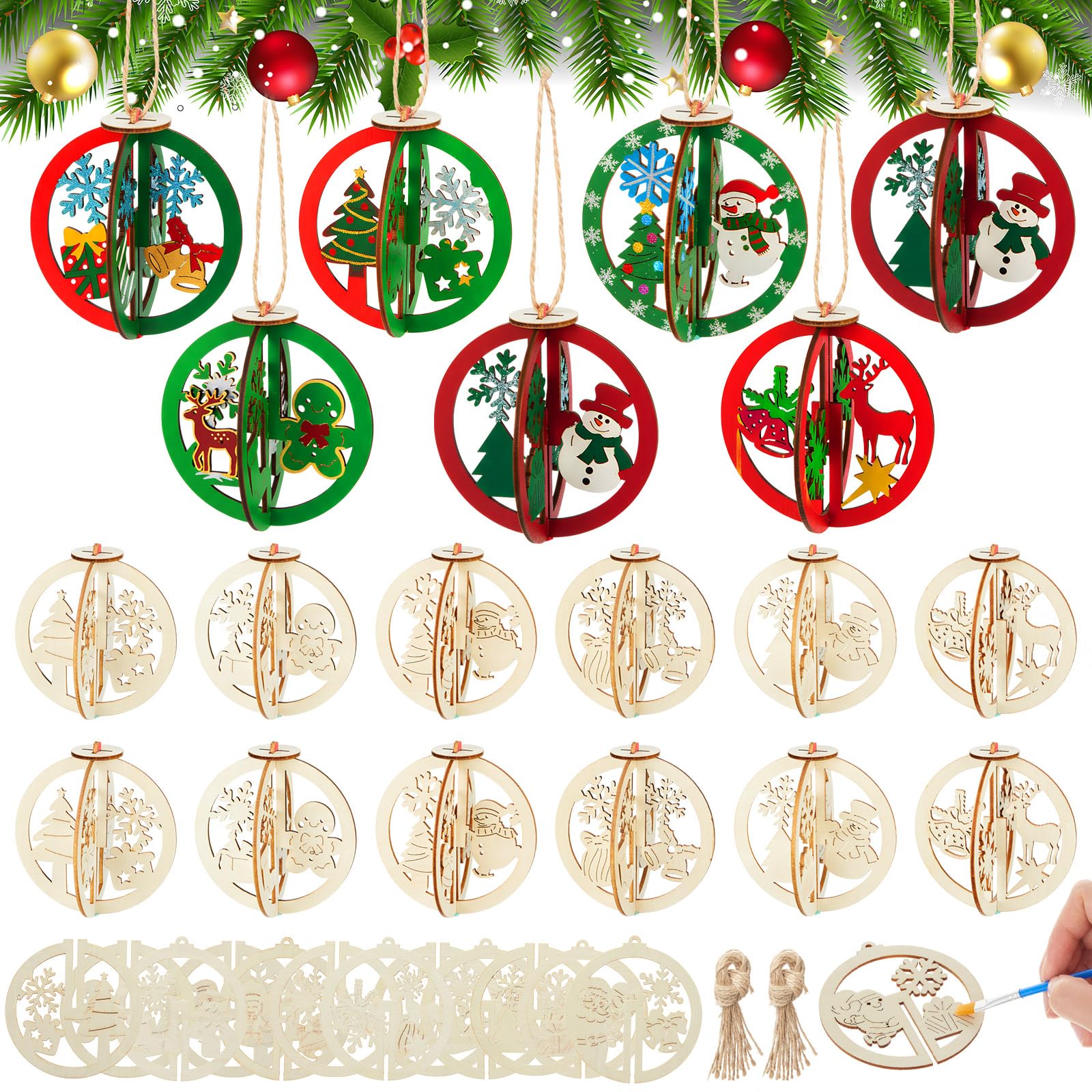 Chunful 48 Pcs DIY 3D Christmas Wooden Crafts to Paint Unfinished Wood Cutouts Christmas Tree Ornaments Blank Hollow Wood Santa 