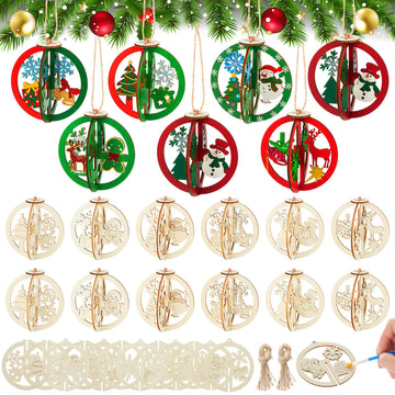 Chunful 48 Pcs DIY 3D Christmas Wooden Crafts to Paint Unfinished Wood Cutouts Christmas Tree Ornaments Blank Hollow Wood Santa 
