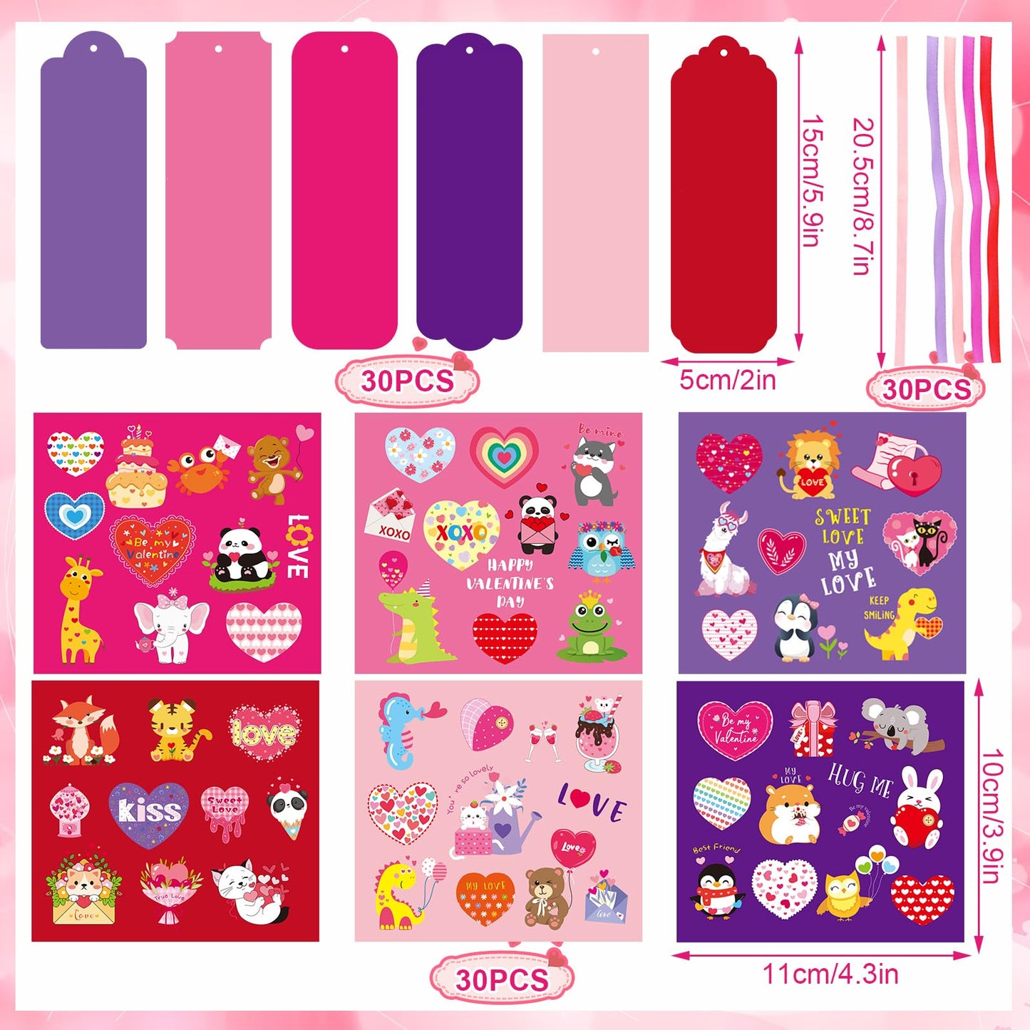 JUNEBRUSHS 30 Pack Valentines Crafts for Kids, Valentines Day Bookmarks Craft Kits with Assorted Hearts Animal Stickers for Kid