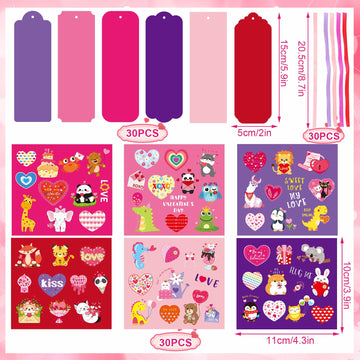 JUNEBRUSHS 30 Pack Valentines Crafts for Kids, Valentines Day Bookmarks Craft Kits with Assorted Hearts Animal Stickers for Kid