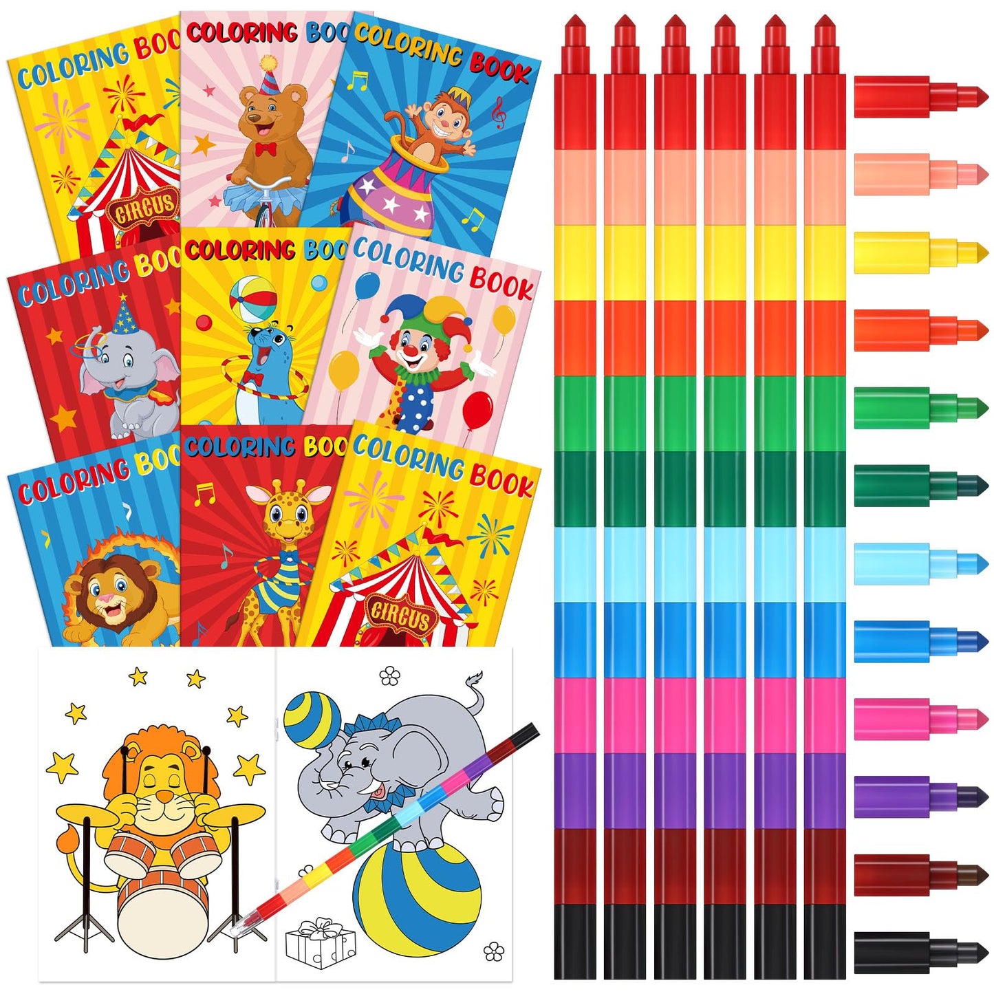 Funrous 48 Pcs Coloring Books with Stackable Crayons Firefighter Summer Circus Party Favors Coloring Pages Drawing Booklet Party
