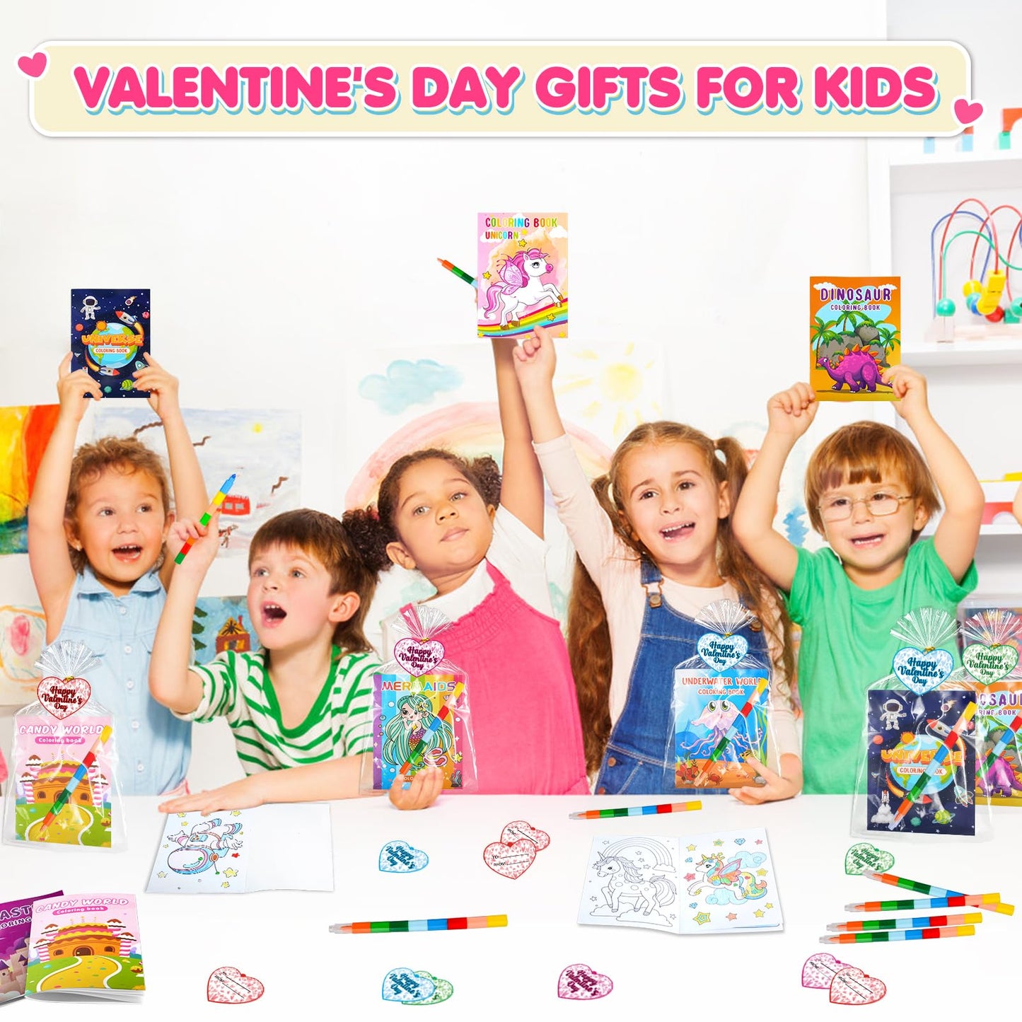 digi Valentines Day Gifts for Kids, 24 Pack Coloring Books for Kids with Colorful Valentines Day Cards, Classroom Exchange Party
