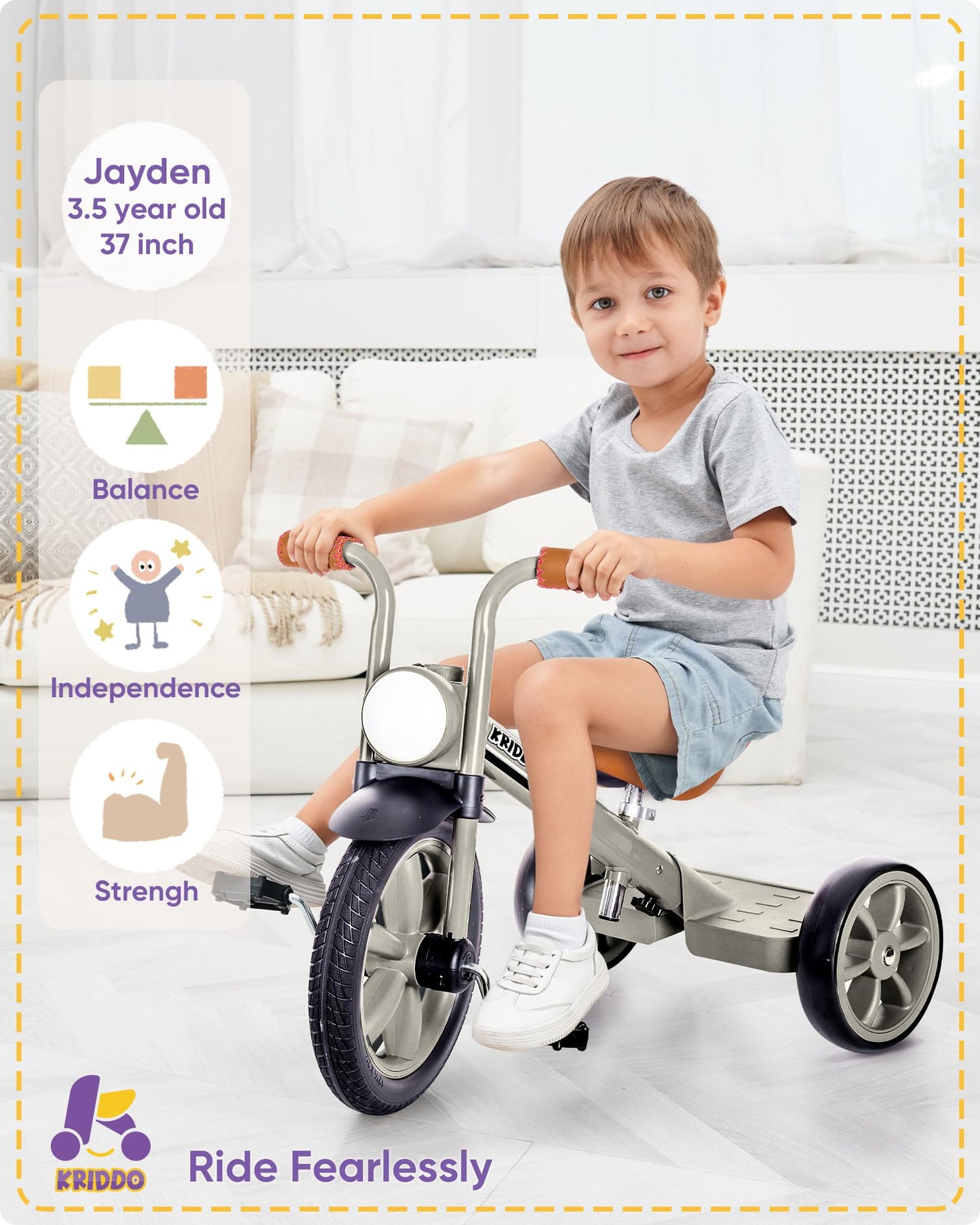 Kriddo Kids Tricycles Age 2 Years To 5 Years, 12 Inch Puncture Free Rubber Wheel W Front Light, Kids Trike For 2.5 To 5 Year Old