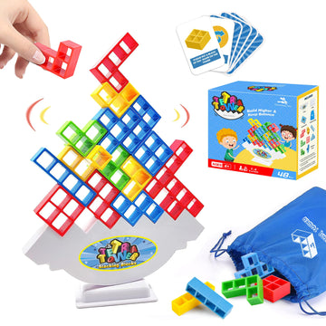 Sylmifoi Tetra Balancing Stacking Tower Toys - 48PCS Plastic Game for Kids & Adults, Team Building, Blue/Red/Green/Yellow, Storage Bag Included