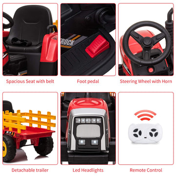 Kids Battery Powered Electric Tractor With Parent Remote Control & Trailer, Toddler 12V Ride On Toy With Dual Motors /2+1 Gear Shift/ 7-Led Lights/Usb & Music Player,Red,25W/Treaded Tires